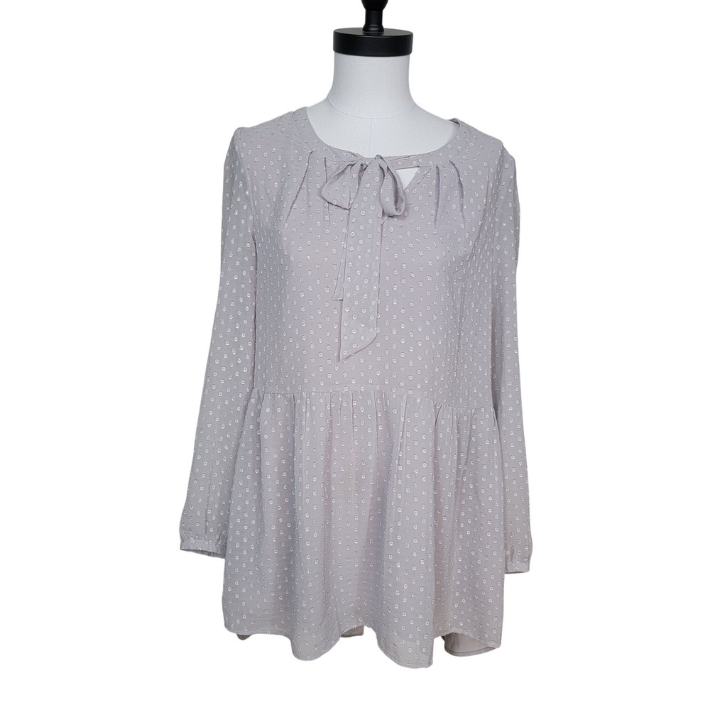 DR2  Babydoll Tunic Top Womens Large (Estimated) Swiss Dot Grey Tie Neck Long